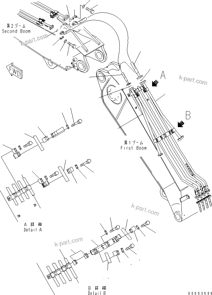 Komatsu parts book diagram for PC240NLC-8K S/N K50001-UP: 2-PIECE BOOM (ADDITIONAL LINE) (1ST BOOM SIDE)