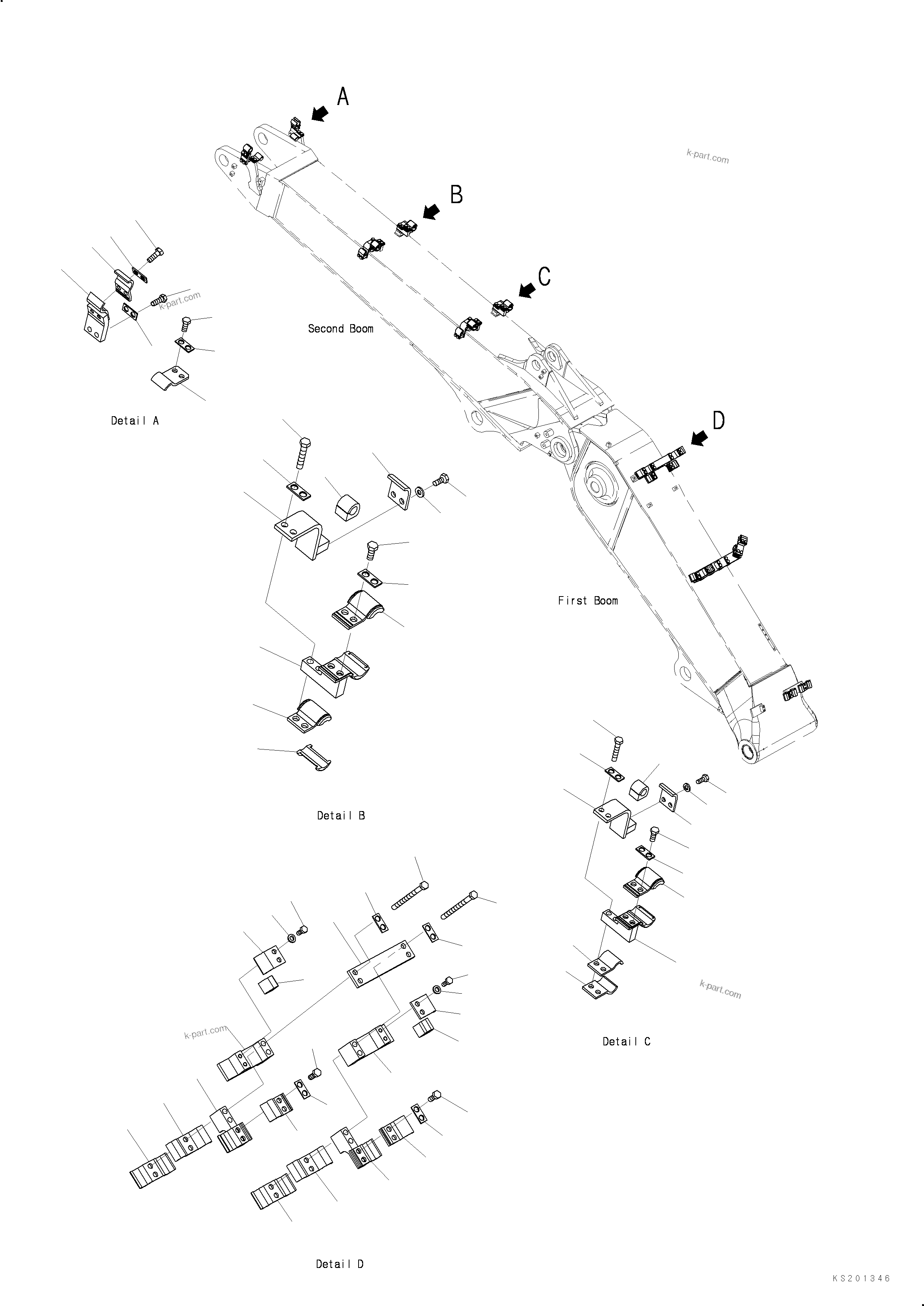 Komatsu parts book diagram for PC240NLC-8K S/N K50001-UP: 2-PIECE BOOM (2ATT CLAMPING) (1/2)