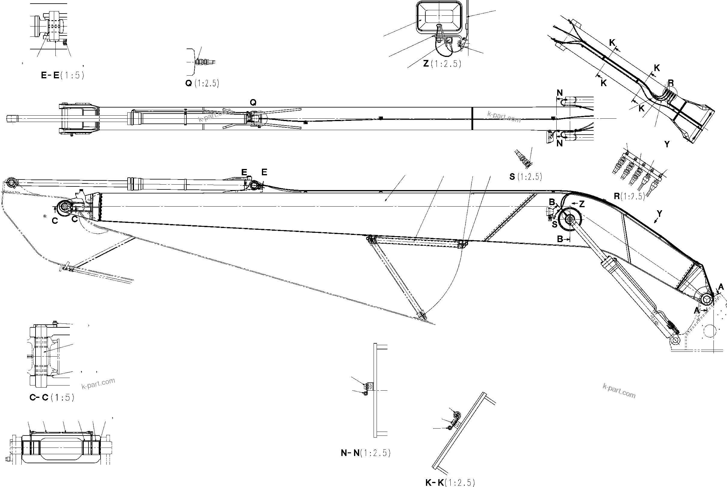 Komatsu parts book diagram for PC240LC/NLC-7 18M SUPER LONG FRONT S/N K40307-UP: SLF BOOM PINS AND LUBE PIPING