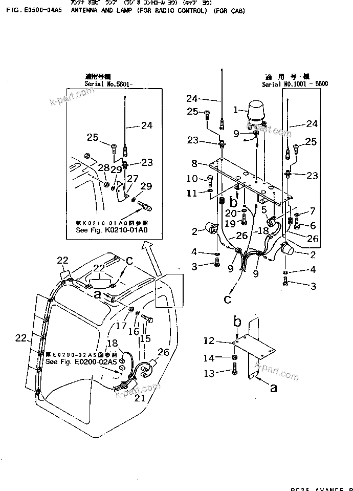 Komatsu parts book diagram for PC25R-1 S/N 1001-UP: ANTENNA AND LAMP (FOR RADIO CONTROL) (FOR CAB)