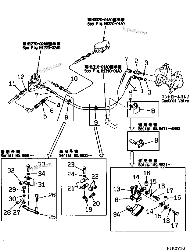 Komatsu parts book diagram for PC25R-1 S/N 1001-UP: HYDRAULIC PIPING (ADDITIONAL PIPING LINE) (CHASSIS SIDE) (1/2)