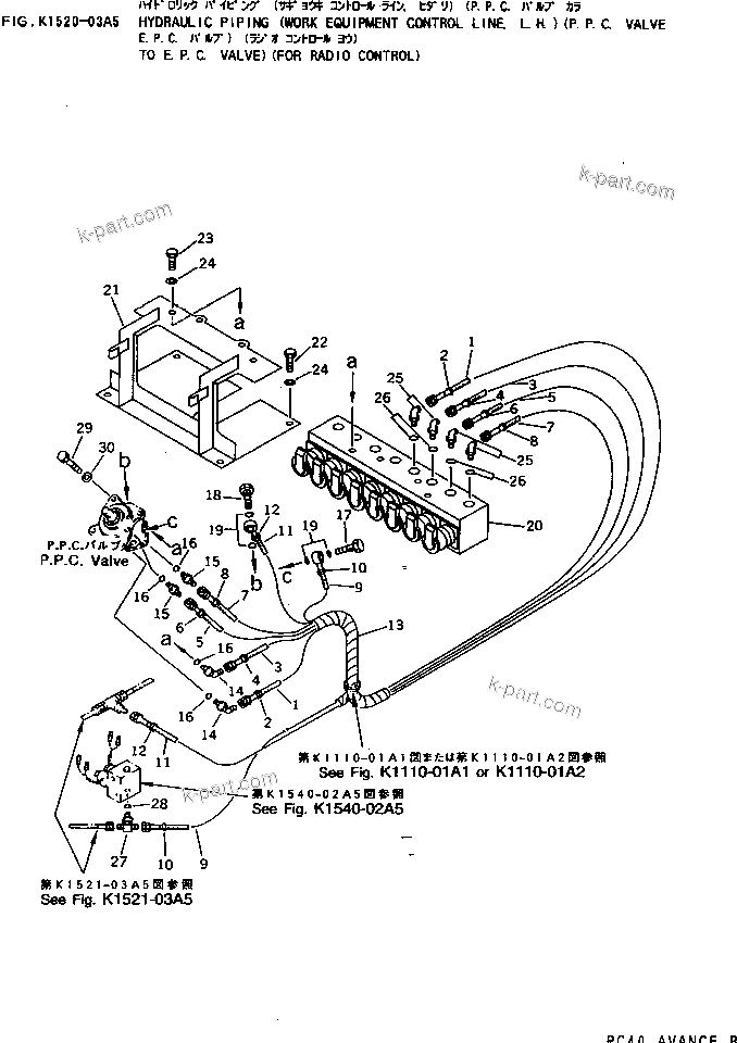 Komatsu parts book diagram for PC25R-1 S/N 1001-UP: HYDRAULIC PIPING (WORK EQUIPMENT CONTROL LINE ? L.H.)(P.P.C. VALVETO E.P.C. VALVE)(FOR RADIO CONTROL)