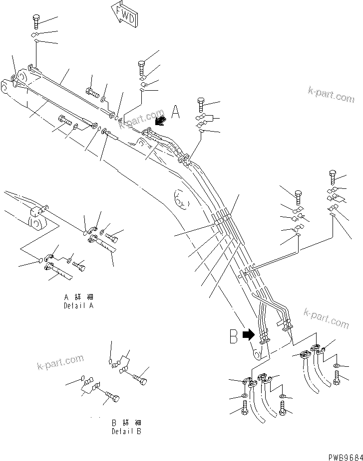 Komatsu parts book diagram for PC290LC-6K S/N K30001-UP: BOOM (ARM CYLINDER LINE AND BUCKET CYLINDER LINE)