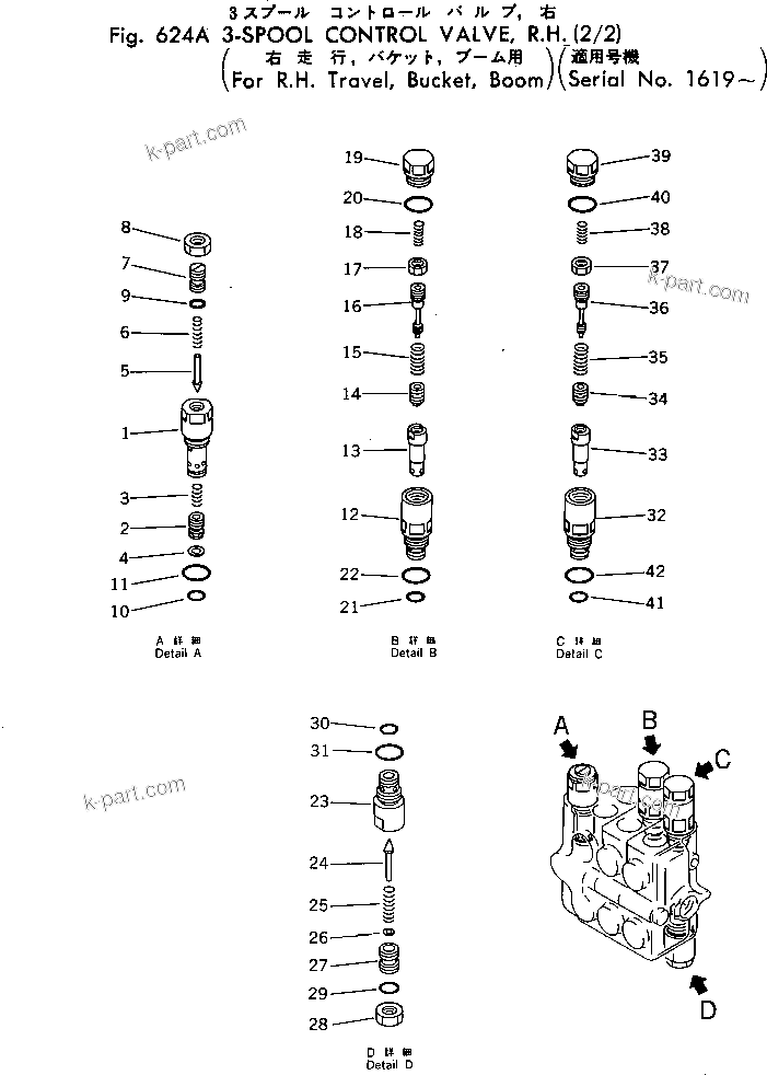 Komatsu parts book diagram for PC30-1 S/N 1001-UP: 3-SPOOL CONTROL VALVE ? R.H. (2/2)(FOR R.H. TRAVEL ?BUCKET ?BOOM)(#1619-)