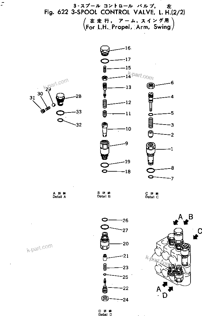 Komatsu parts book diagram for PC30-3 S/N 2601-UP: 3-SPOOL CONTROL VALVE ? L.H. (2/2)(FOR L.H. TRAVEL ?ARM ?SWING)