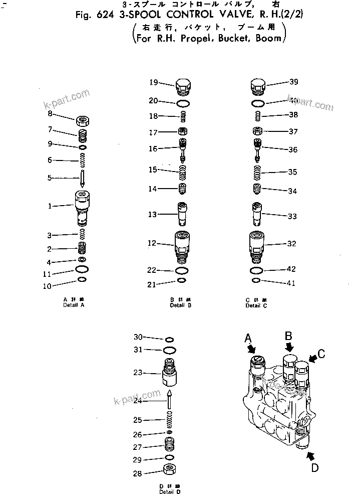 Komatsu parts book diagram for PC30-3 S/N 2601-UP: 3-SPOOL CONTROL VALVE ? R.H. (2/2)(FOR R.H.TRAVEL ?BUCKET ?BOOM)
