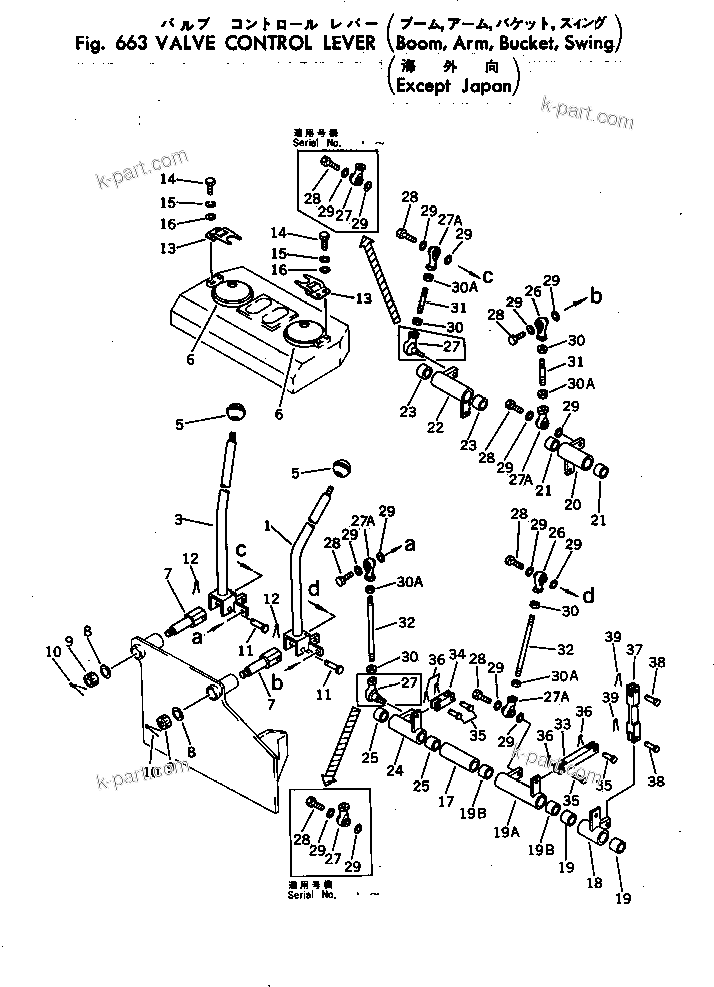 Komatsu parts book diagram for PC30-3 S/N 2601-UP: VALVE CONTROL LEVER (BOOM ?ARM ?BUCKET ?SWING)(EXCEPT JAPAN)