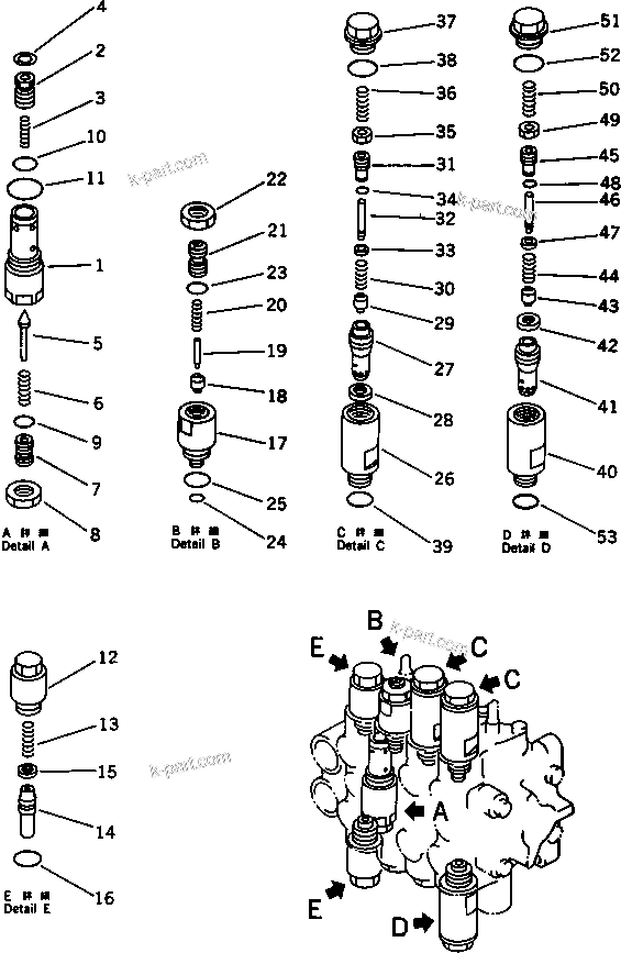 Komatsu parts book diagram for PC30-6 S/N 10001-UP: 4-SPOOL VALVE (2/2) (SWING ? TRAVEL SPEED ? BLADE ? ATTACHMENT)(#13025-)
