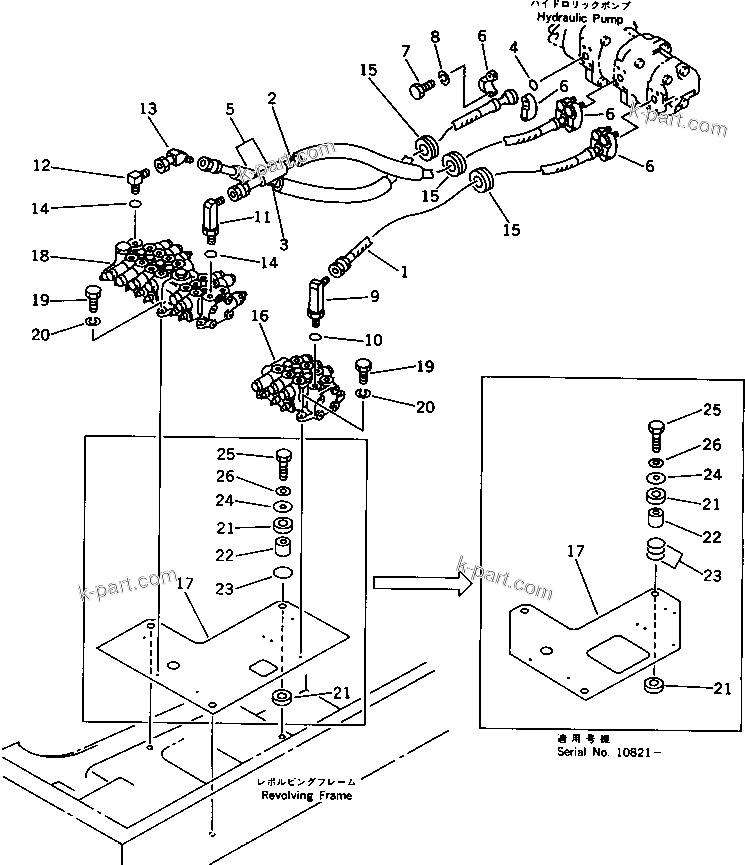 Komatsu parts book diagram for PC30-6 S/N 10001-UP: HYDRAULIC PIPING (PUMP TO VALVE) (FOR ATTACHMENT)
