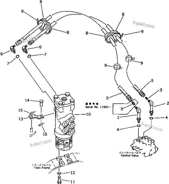 Komatsu parts book diagram for PC30-6 S/N 10001-UP: HYDRAULIC PIPING (BLADE CYLINDER LINE) (CHASSIS SIDE)