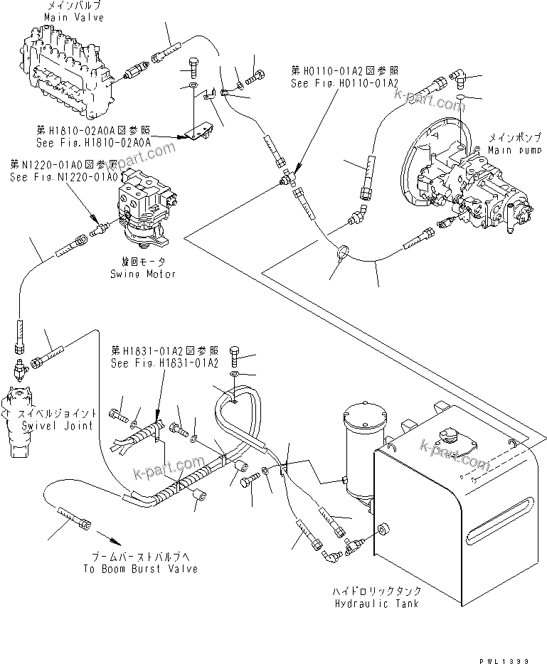 Komatsu parts book diagram for PC300-6Z S/N 30001-UP: DRAIN LINES (WITH BOOM BURST VALVE)(#33001-33465)
