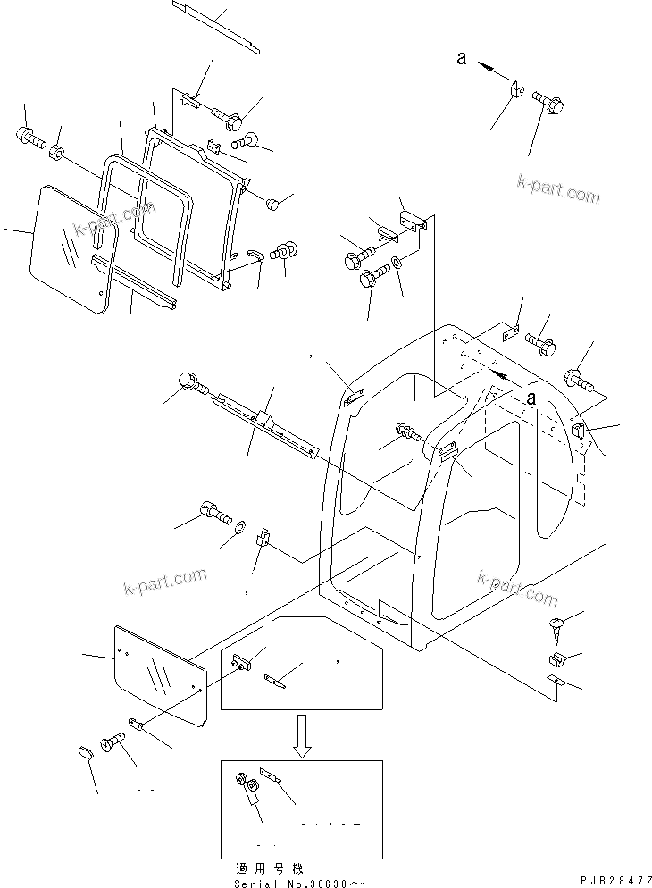 Komatsu parts book diagram for PC300-6Z S/N 30001-UP: OPERATOR'S CAB (FRONT WINDOW)(#30139-32999)