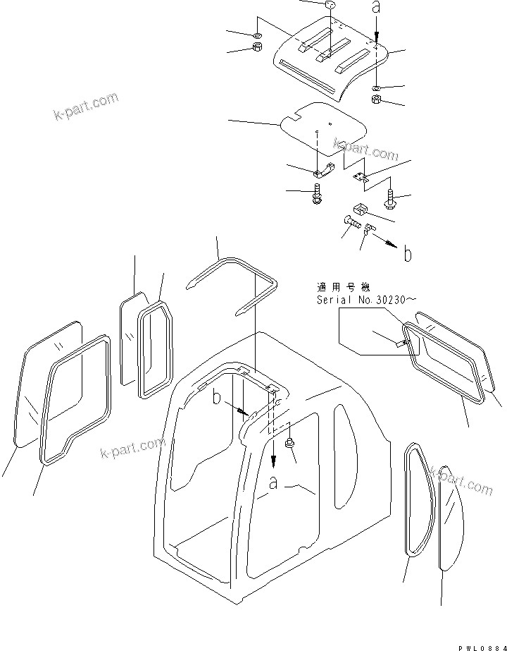 Komatsu parts book diagram for PC300-6Z S/N 30001-UP: OPERATOR'S CAB (WINDOW AND ROOF VENTILATOR)(#30139-32999)