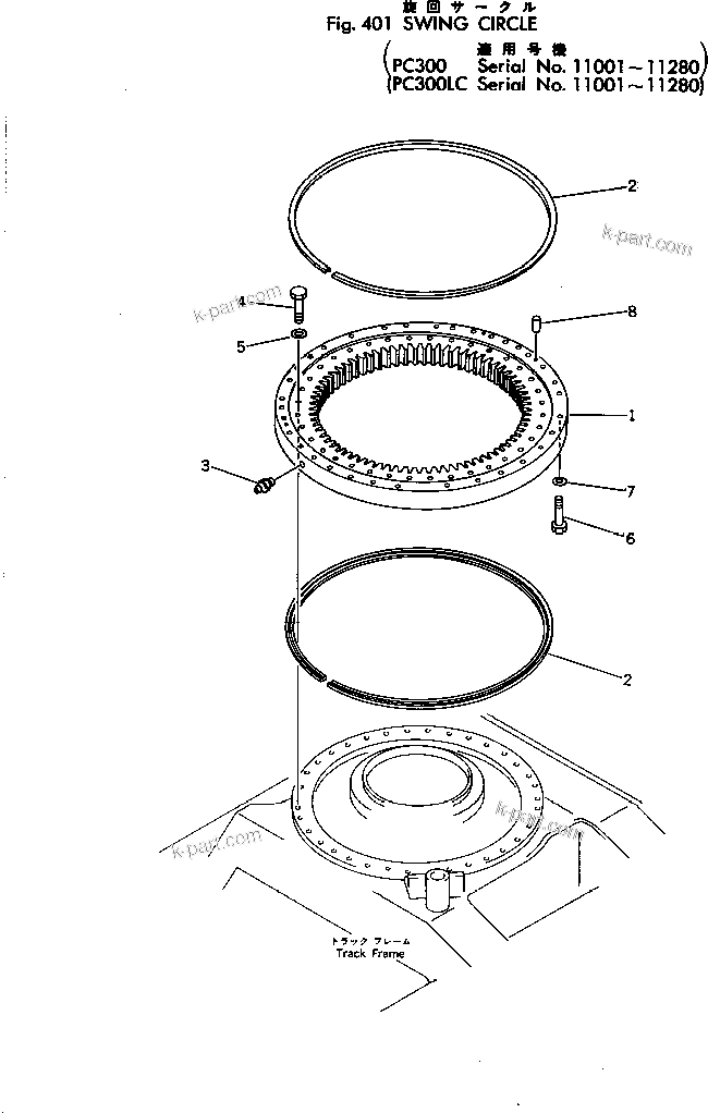 Komatsu parts book diagram for PC300-2 S/N 11001-UP: SWING CIRCLE(#11001-11280)