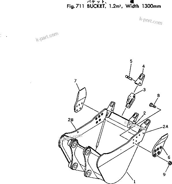 Komatsu parts book diagram for PC300-2 S/N 11001-UP: BUCKET 1.2M3 ? 1300MM