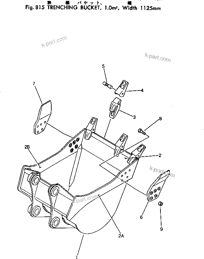 Komatsu parts book diagram for PC300-2 S/N 11001-UP: TRENCHING BUCKET ? 1.0M3 ? 1125MM