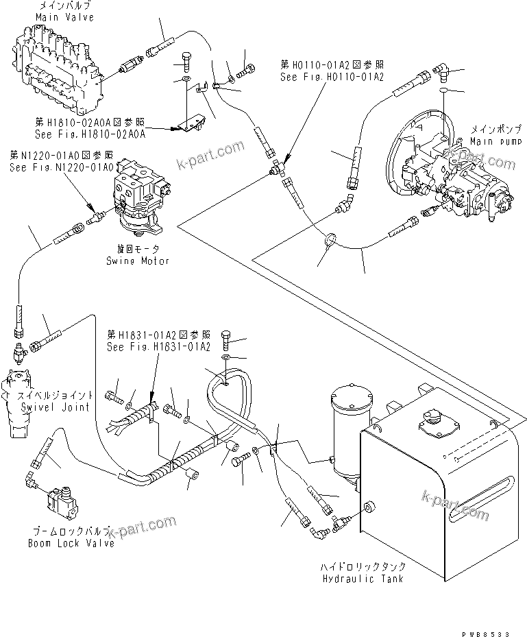 Komatsu parts book diagram for PC300-6Z S/N 30001-UP (Custom Spec.): DRAIN LINES(#33001-33465)