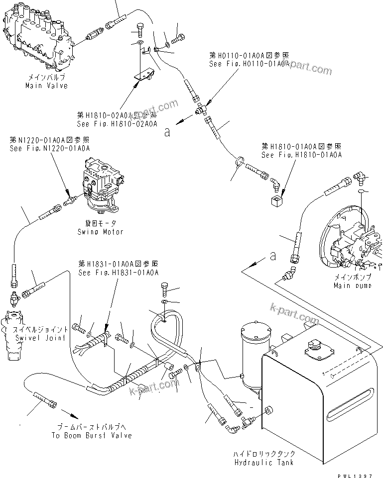 Komatsu parts book diagram for PC300-6Z S/N 30001-UP (Custom Spec.): DRAIN LINES (WITH BOOM BURST VALVE)(#33001-33465)