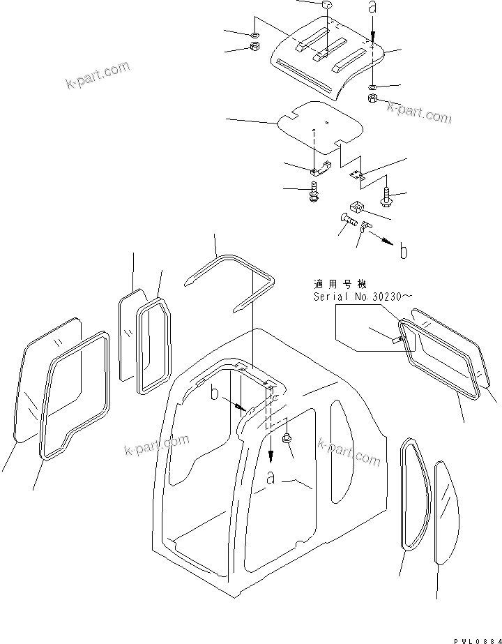 Komatsu parts book diagram for PC300-6Z S/N 30001-UP (Custom Spec.): OPERATOR'S CAB (WINDOW AND ROOF VENTILATOR)(#30139-32999)