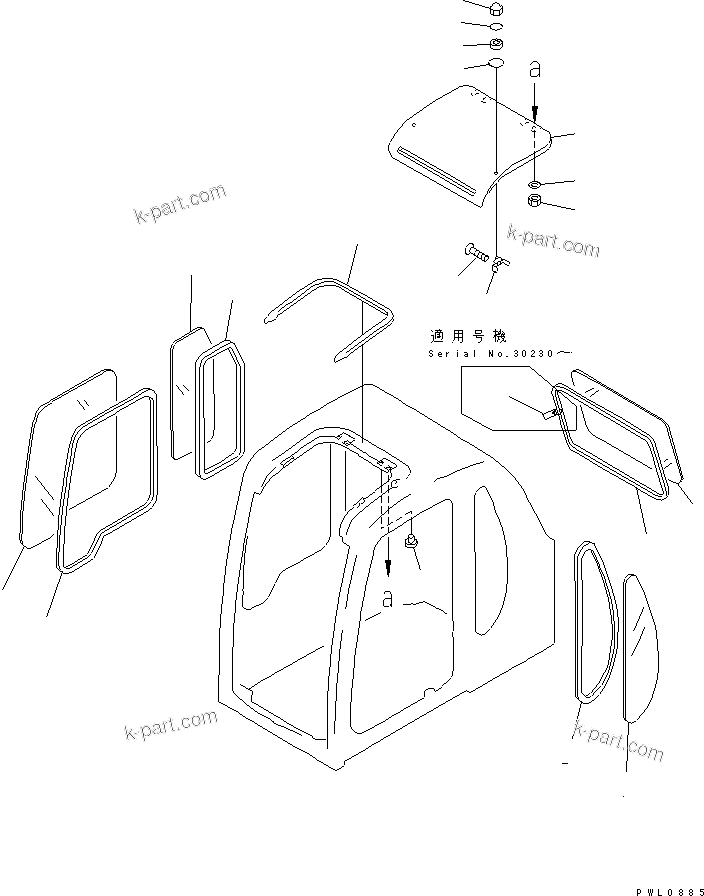 Komatsu parts book diagram for PC300-6Z S/N 30001-UP (Custom Spec.): OPERATOR'S CAB (WINDOW AND ROOF VENTILATOR) (WITH SEE THROUGH    ROOF)(#30139-)
