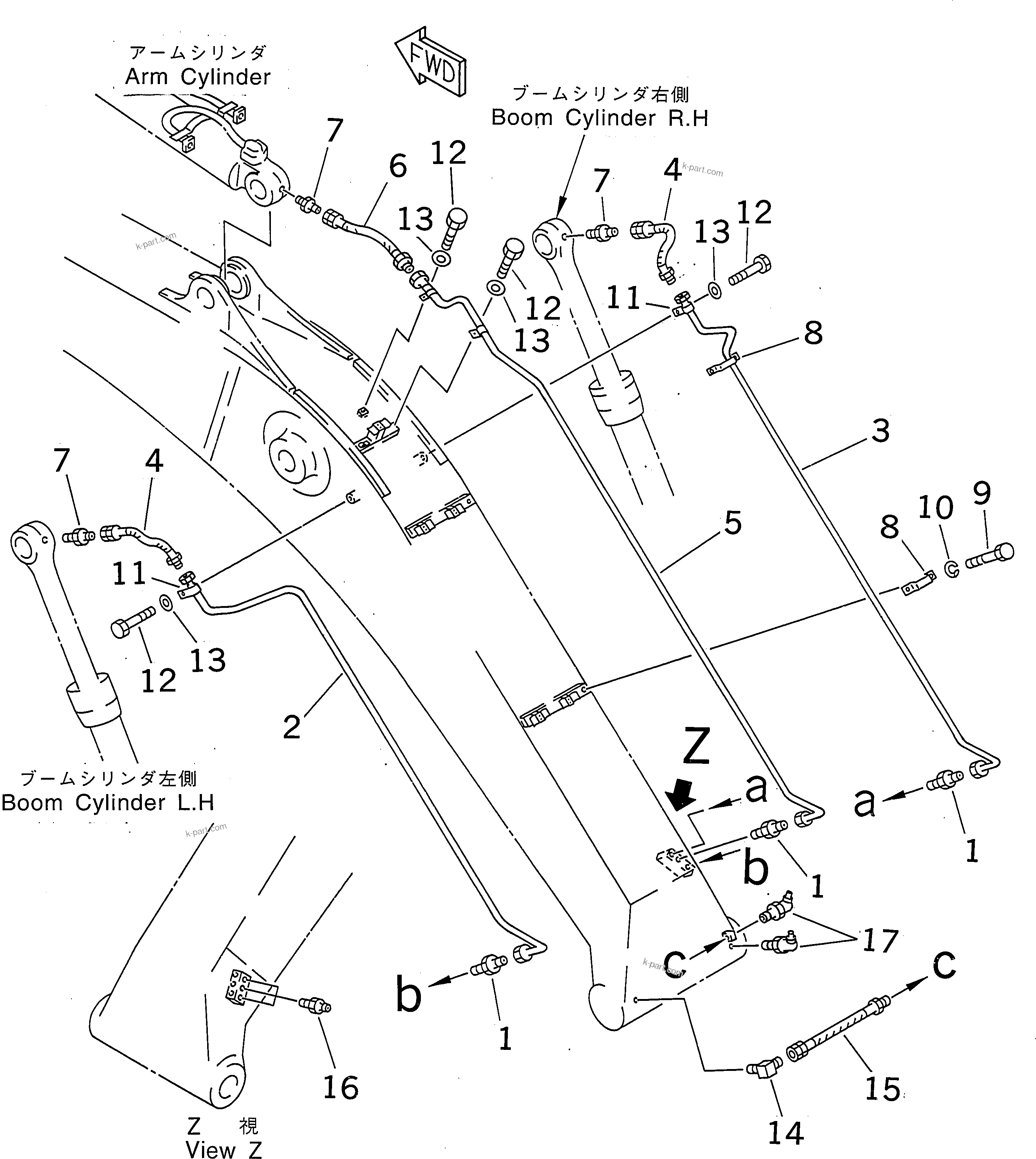 Komatsu parts book diagram for PC300-6Z S/N 30001-UP (Custom Spec.): BOOM (HEAVY DUTY) (LUBRICATING LINE)(#30001-32999)