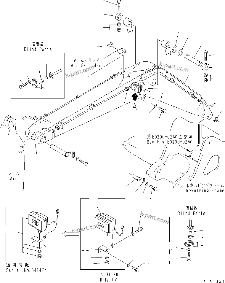 Komatsu parts book diagram for PC300-6Z S/N 30001-UP (Custom Spec.): BOOM (CYLINDER PIN AND WORKING LAMP) (FOR ADDITIONAL PIPING)