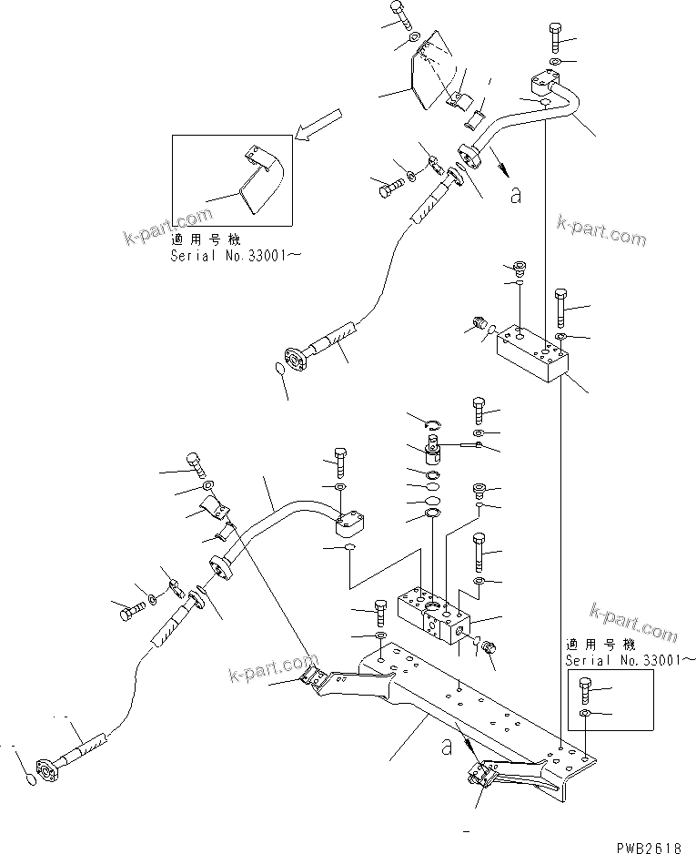 Komatsu parts book diagram for PC300-6 S/N 30001-UP: ATTACHMENT LINE (2 ACTUATOR) (CROSS VALVE AND BRACKET)(#30001-34221)