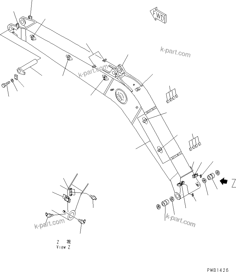 Komatsu parts book diagram for PC300-6 S/N 30001-UP: BOOM (HEAVY DUTY) (BOOM AND TOP PIN) (FOR ADDITIONAL PIPING)(#30001-32999)