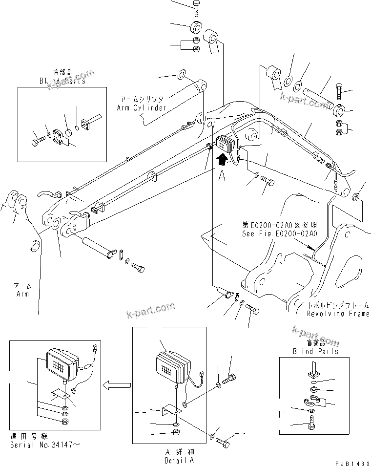 Komatsu parts book diagram for PC300-6 S/N 30001-UP: BOOM (CYLINDER PIN AND WORKING LAMP) (FOR ADDITIONAL PIPING)
