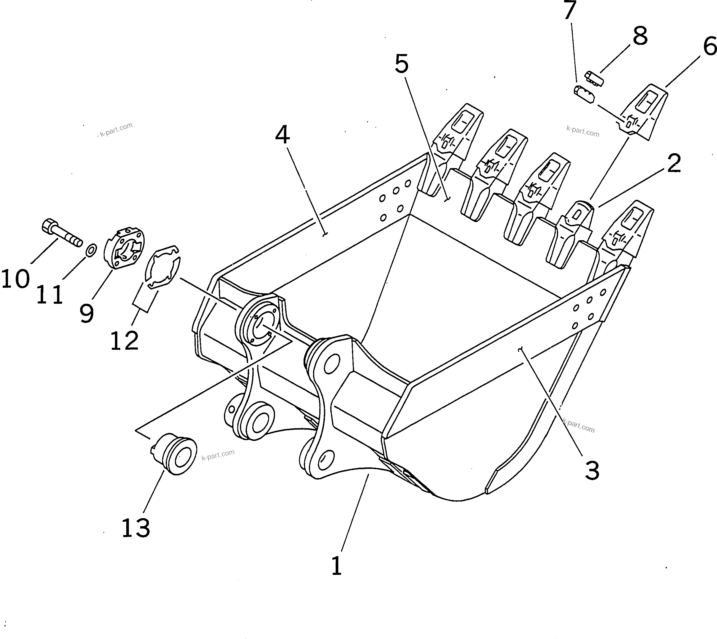 Komatsu parts book diagram for PC300-6 S/N 30001-UP: BUCKET ? 1.2M3 ? 1340MM (VERTICAL PIN TYPE) (WITH ADJUSTING)(#30001-34267)