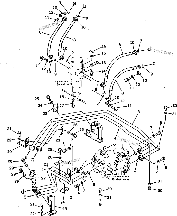Komatsu parts book diagram for PC300LC-3 S/N 12001-UP: HYDRAULIC PIPING (CONTROL VALVE TO/FROM SWIVEL JOINT)