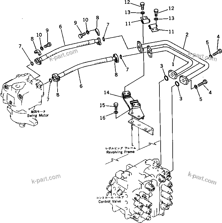Komatsu parts book diagram for PC300LC-3 S/N 12001-UP: HYDRAULIC PIPING (CONTROL VALVE TO/FROM SWING MOTOR)