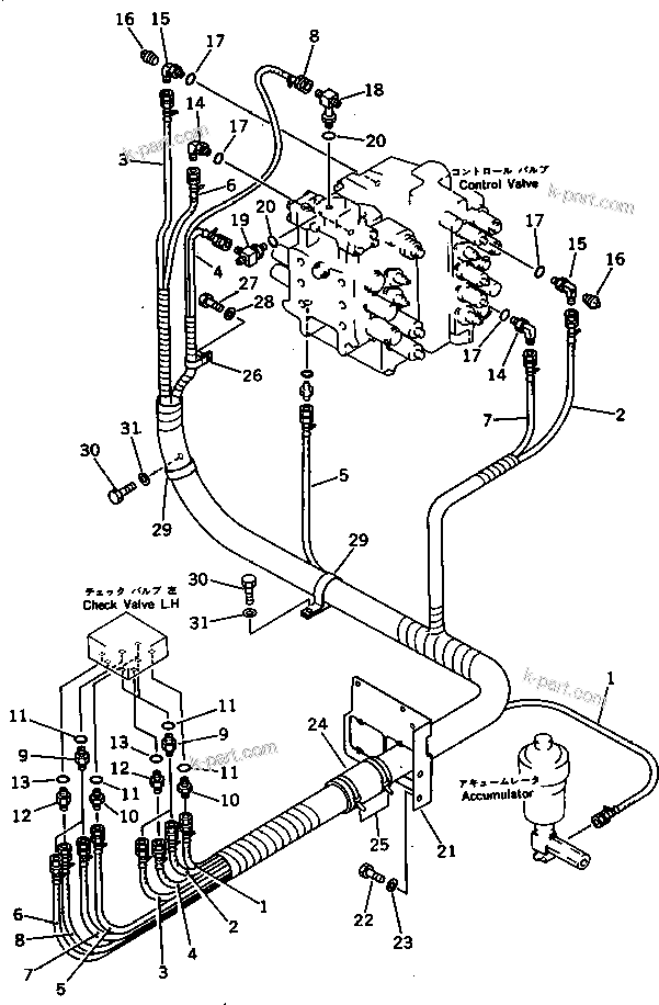 Komatsu parts book diagram for PC300LC-3 S/N 12001-UP: P.P.C. VALVE PIPING (2/3) (FOR WRIST CONTROL) (WITH AUTO DECELERATION) (WITH SWING MECHANICAL BRAKE)(#12001-12888)