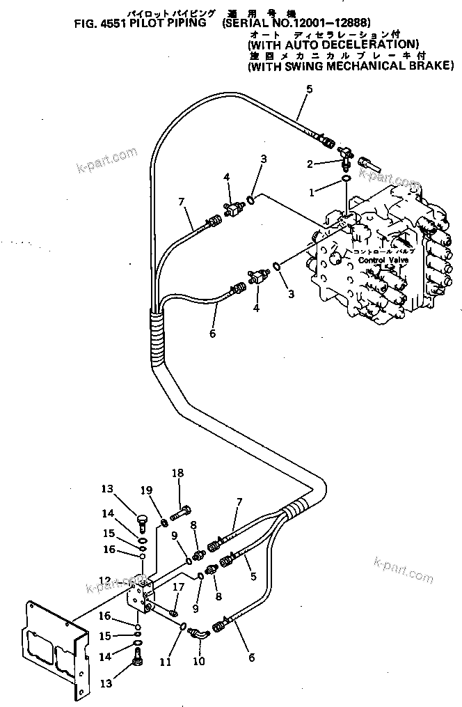 Komatsu parts book diagram for PC300LC-3 S/N 12001-UP: PILOT PIPING (WITH AUTO DECELERATION) (WITH SWING MECHANICAL     BRAKE)(#12001-12888)
