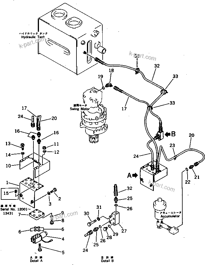 Komatsu parts book diagram for PC300LC-3 S/N 12001-UP: SWING MECHANICAL BRAKE PIPING (WITH AUTO DECELERATION) (WITH     SWING MECHANICAL BRAKE)