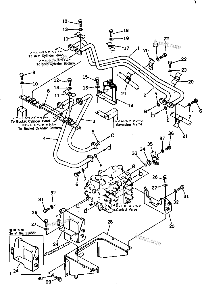 Komatsu parts book diagram for PC300LC-3 S/N 12001-UP: HYDRAULIC PIPING (ARM ? BUCKET CYLINDER LINE) (CHASSIS SIDE)