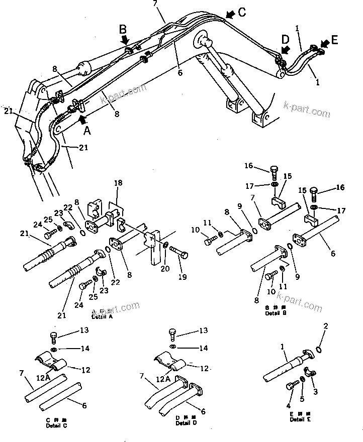 Komatsu parts book diagram for PC300LC-3 S/N 12001-UP: HYDRAULIC PIPING (BUCKET CYLINDER LINE) (ATTACHMENT SIDE)(#12351-)