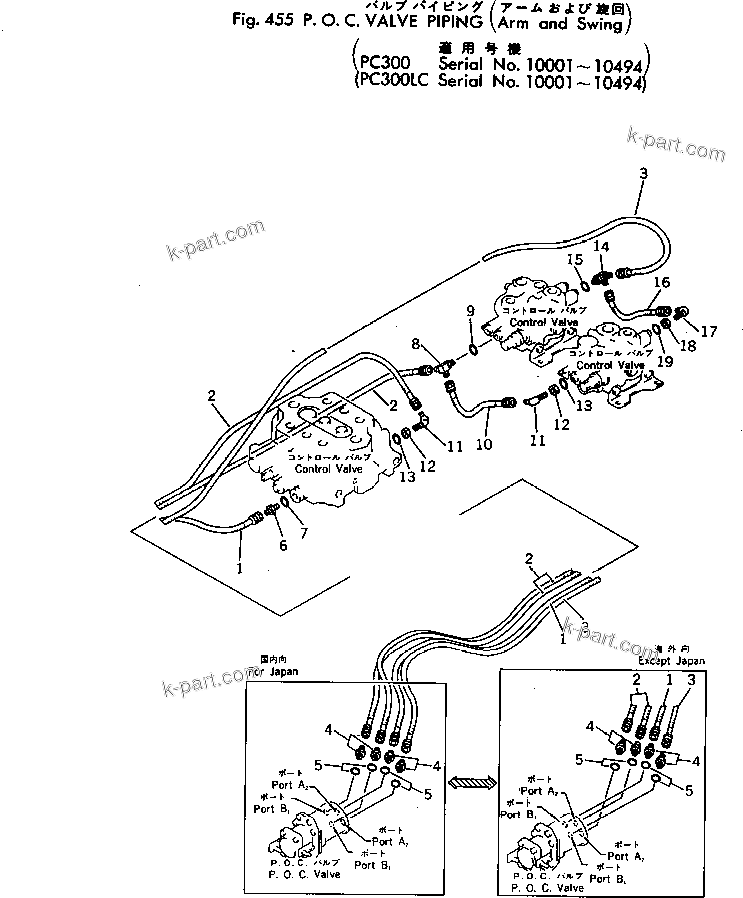 Komatsu parts book diagram for PC300LC-1 S/N 10001-UP: P.O.C.VALVE PIPING (BOOM AND SWING)(#10001-10494)