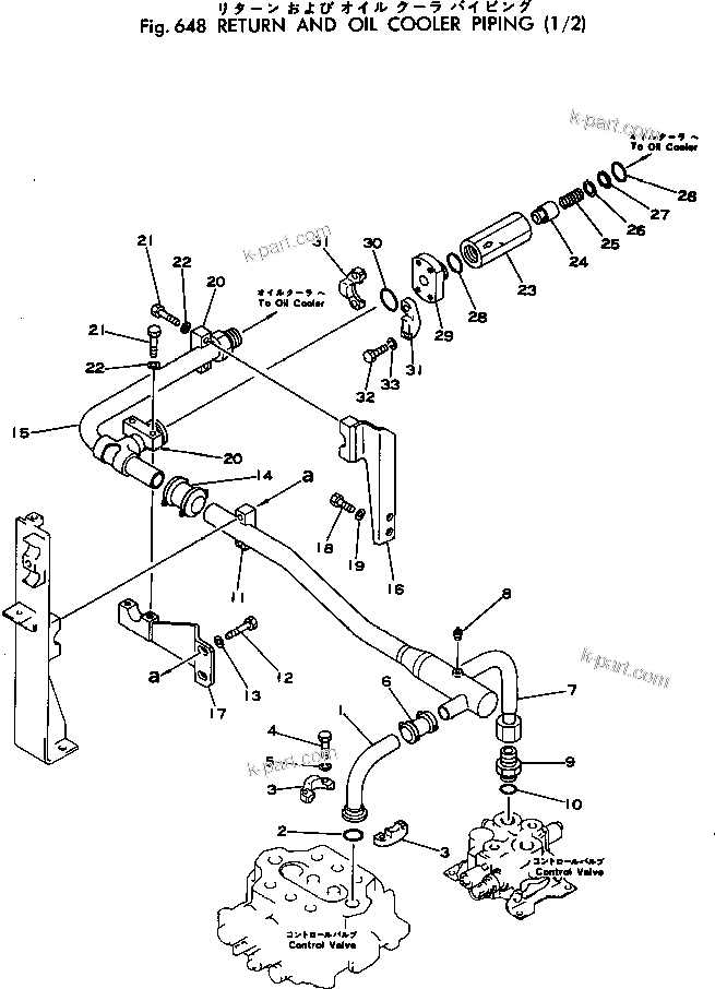 Komatsu parts book diagram for PC300LC-1 S/N 10001-UP: RETURN AND OIL COOLER PIPING (1/2)