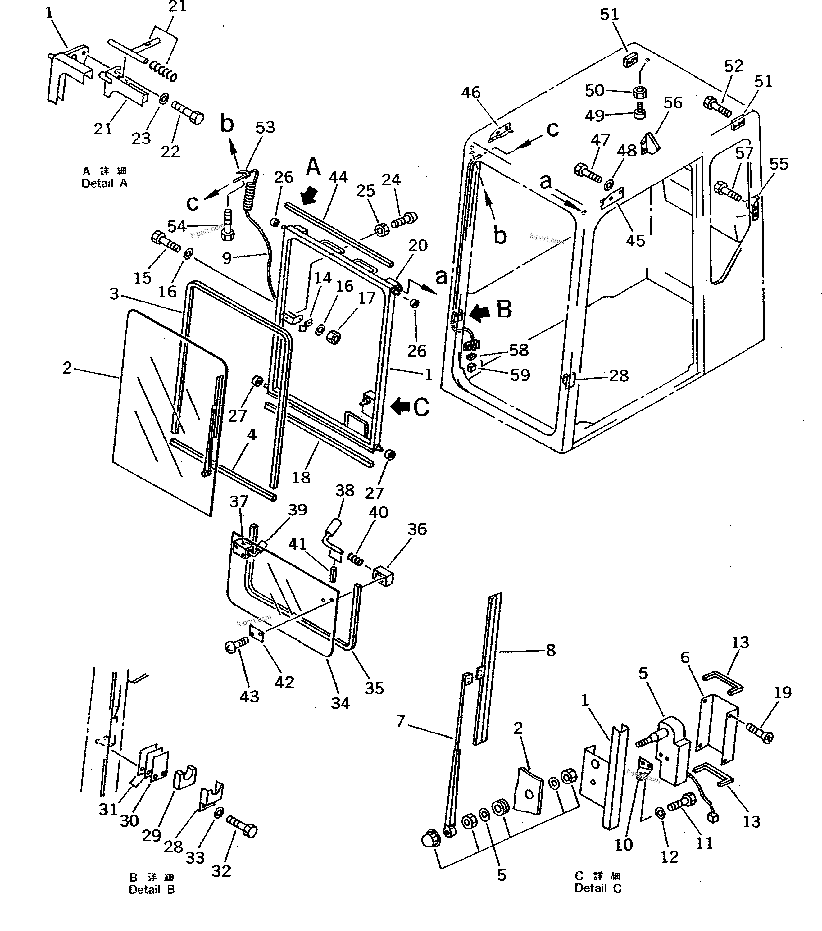 Komatsu parts book diagram for PC300LC-5K S/N K20001-UP: OPERATOR'S CAB (2/6) (FRONT WINDOW) (SCANDINAVIAN SPEC.)
