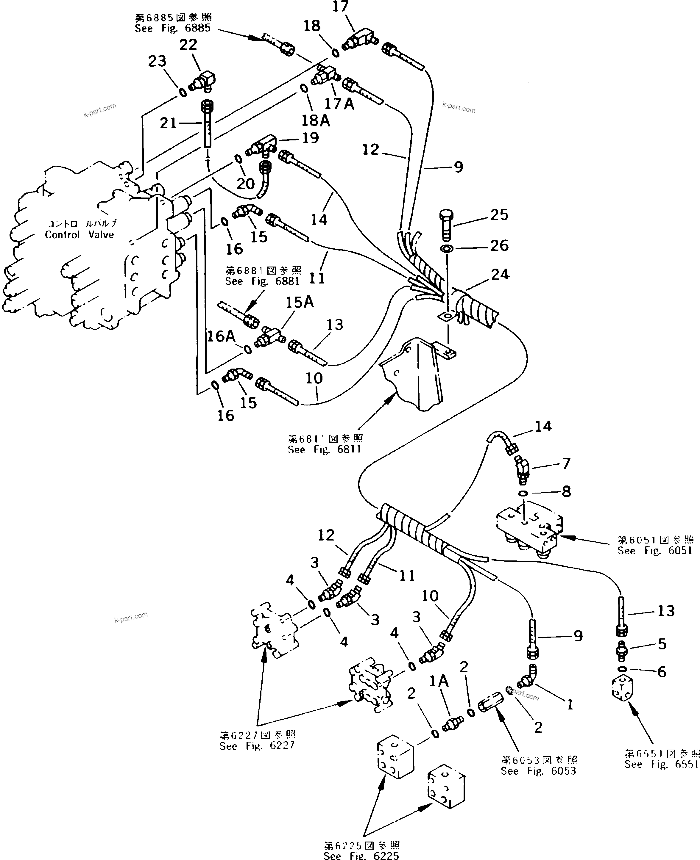 Komatsu parts book diagram for PC300LC-5K S/N K20001-UP: PPC VALVE PIPING (SHUTTLE VALVE TO/FROM CONTROL VALVE REAR SIDE) (WITH CYLINDER LOCK VALVE)(REXROTH)