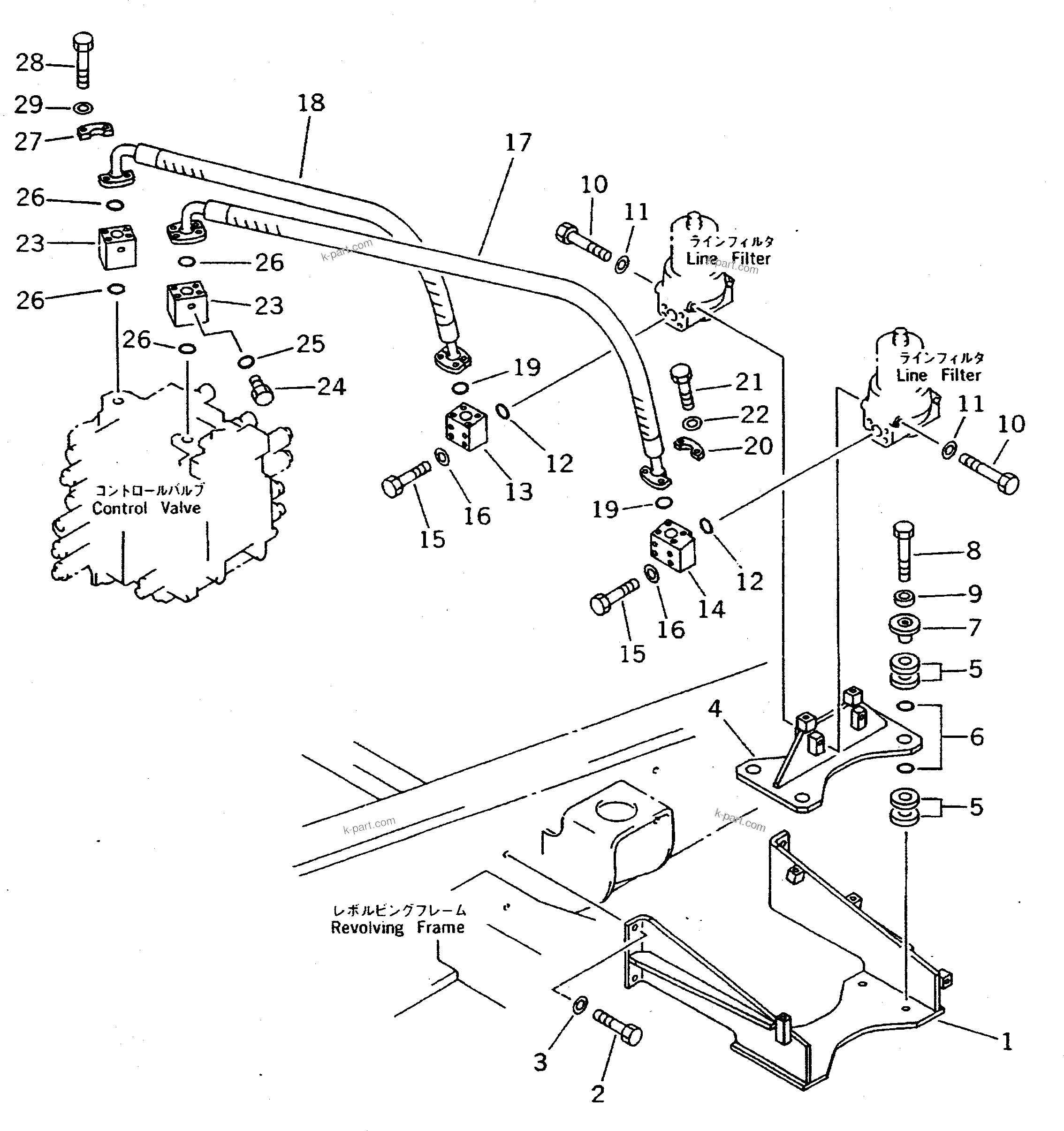 Komatsu parts book diagram for PC300LC-5K S/N K20001-UP: LINE FILTER TO CONTROL VALVE PIPING