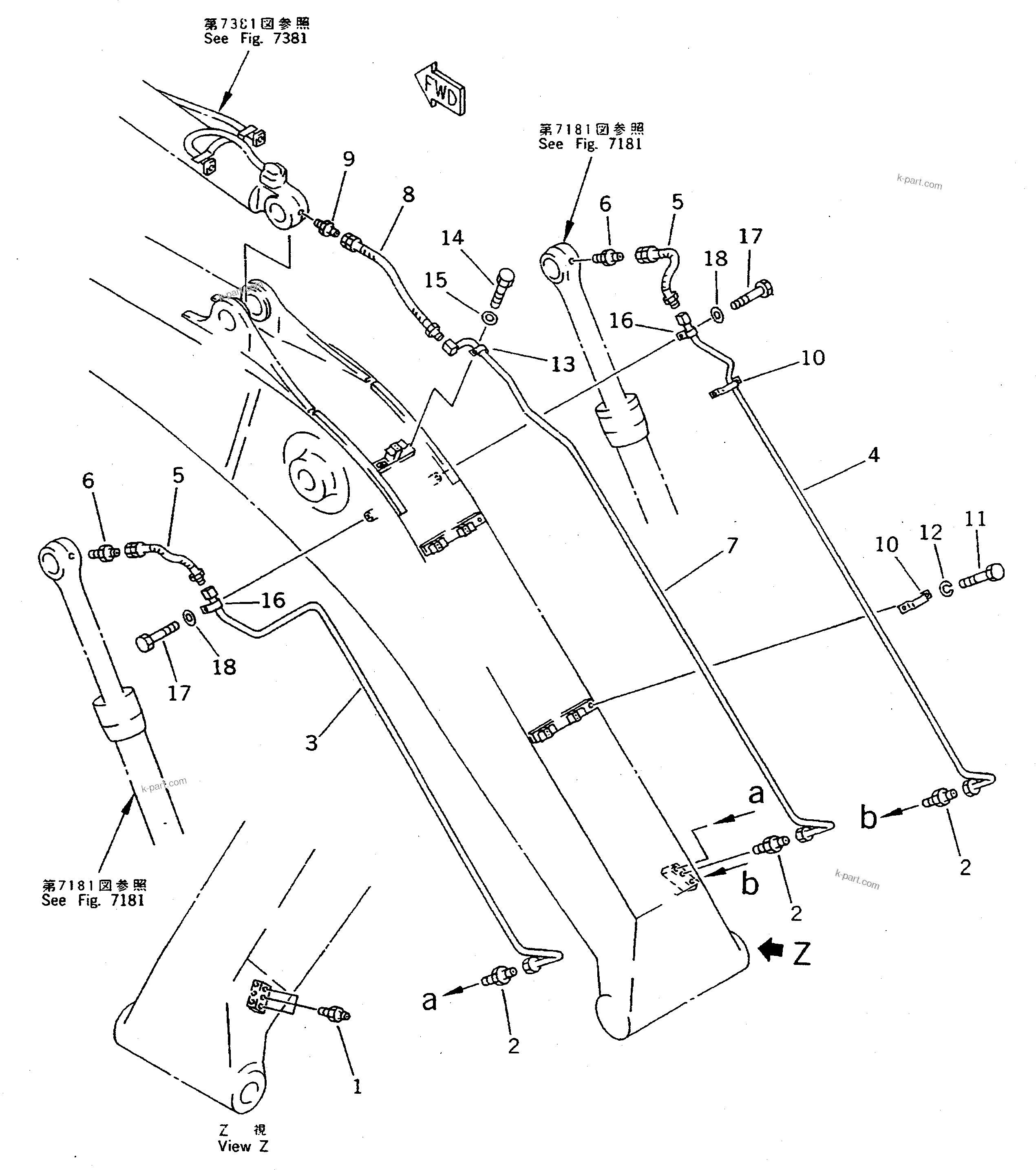 Komatsu parts book diagram for PC300LC-5K S/N K20001-UP: WORK EQUIPMENT LUBRICATION PIPING (BOOM SIDE)