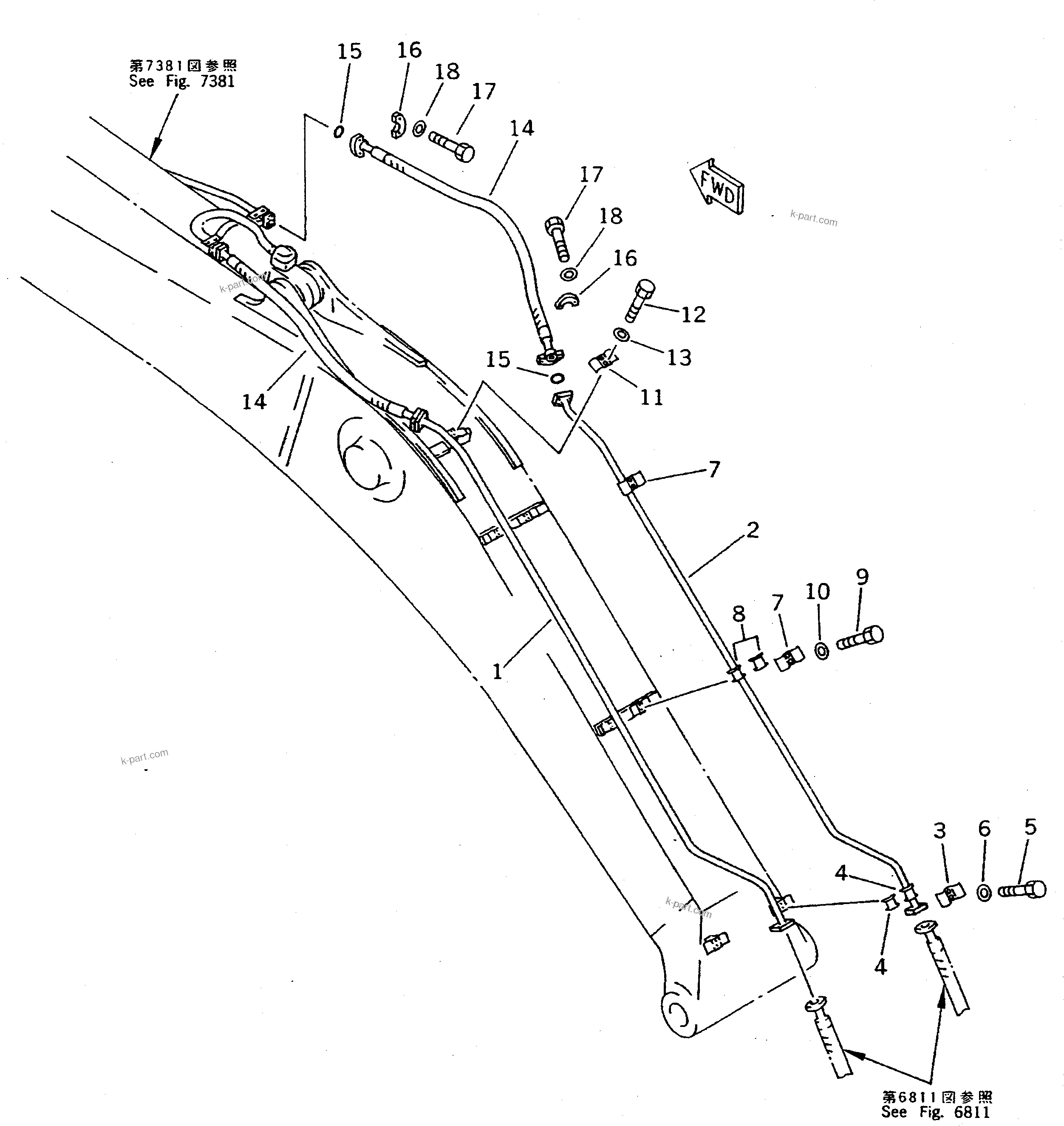 Komatsu parts book diagram for PC300LC-5K S/N K20001-UP: ARM CYLINDER PIPING (ATTACHMENT SIDE)