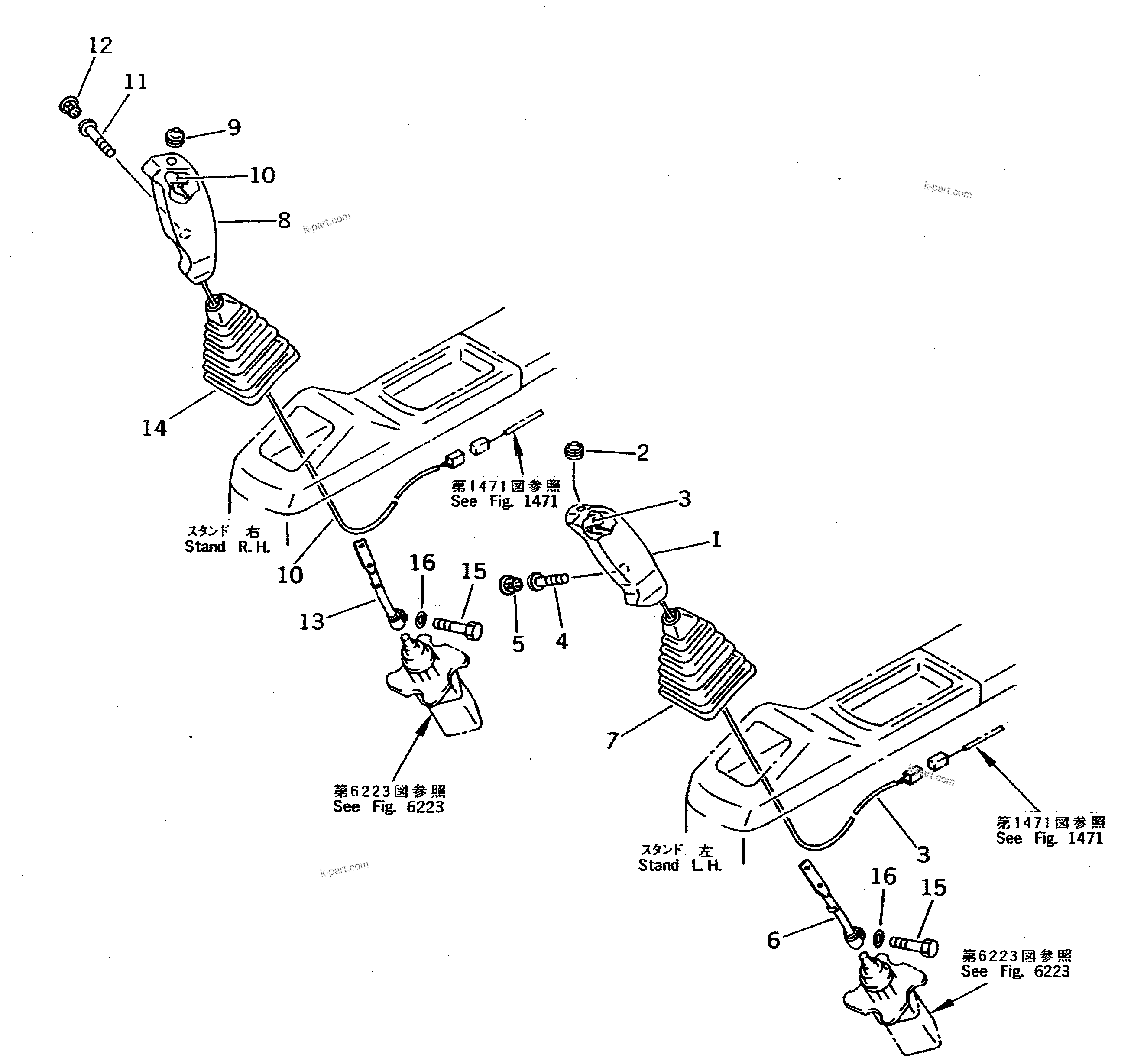 Komatsu parts book diagram for PC310LC-5 S/N 10001-UP: KNOB AND LEVER ? L.H. AND R.H. (FCR WRIST CONTROL)(#10580-)