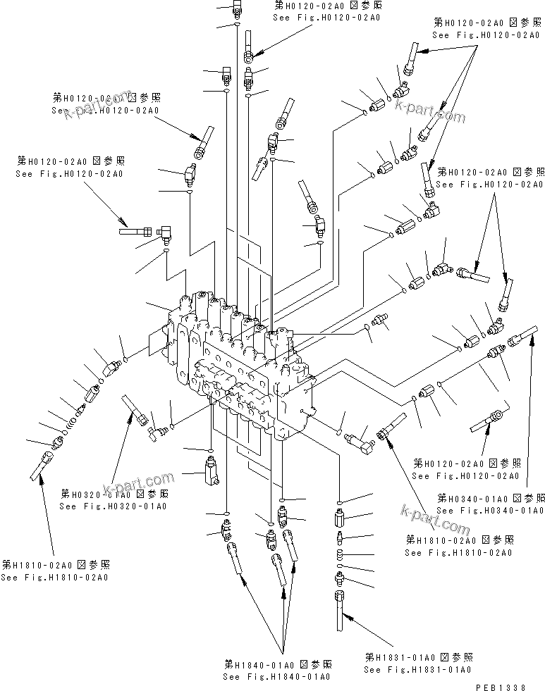 Komatsu parts book diagram for PC350-6 S/N 10001-UP: MAIN VALVE (CONNECTING PARTS) (1 ACTUATOR)(#10001-11999)