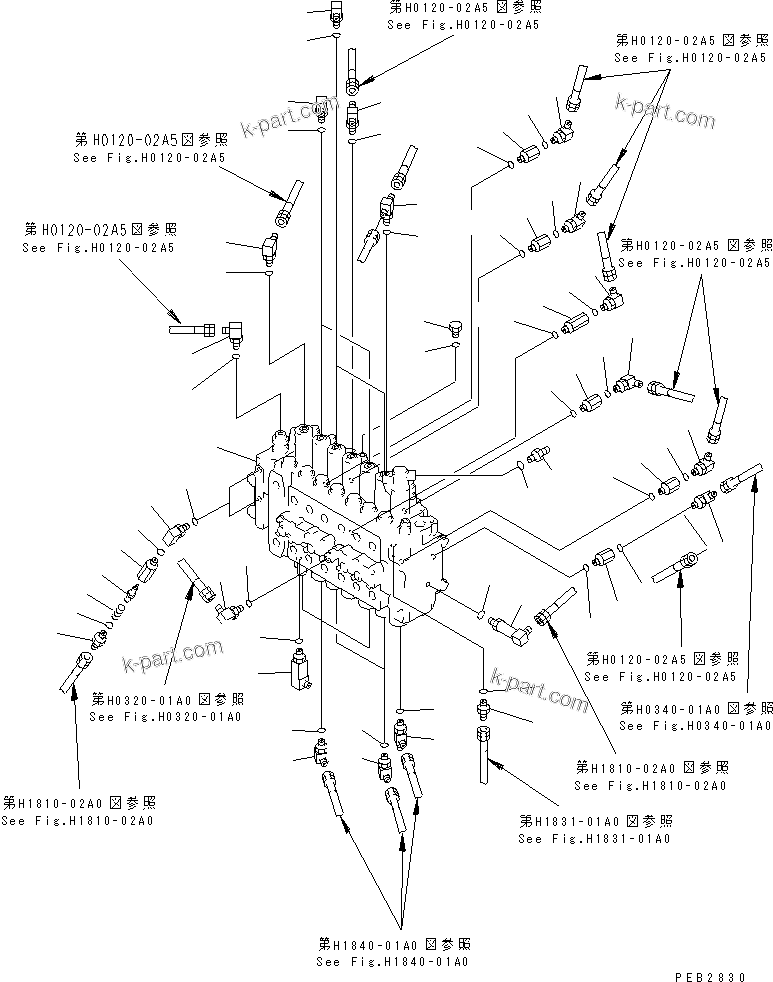 Komatsu parts book diagram for PC350-6 S/N 10001-UP: MAIN VALVE (CONNECTING PARTS)(#10450-11999)