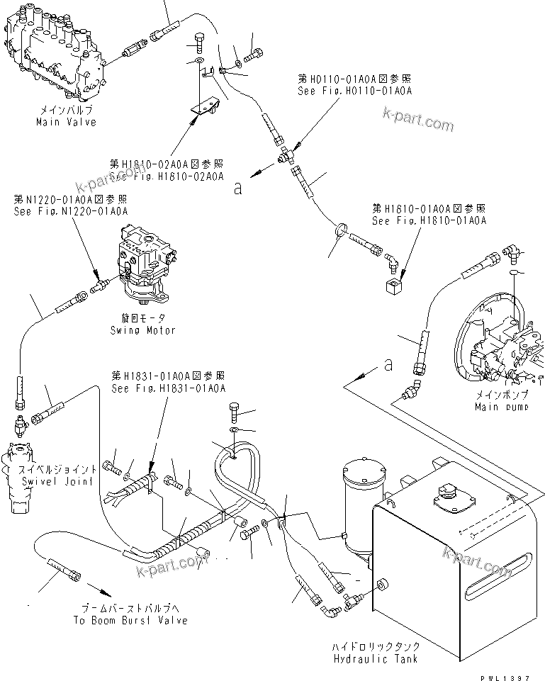 Komatsu parts book diagram for PC350-6 S/N 10001-UP: DRAIN LINES (WITH BOOM BURST VALVE)(#12001-12283)