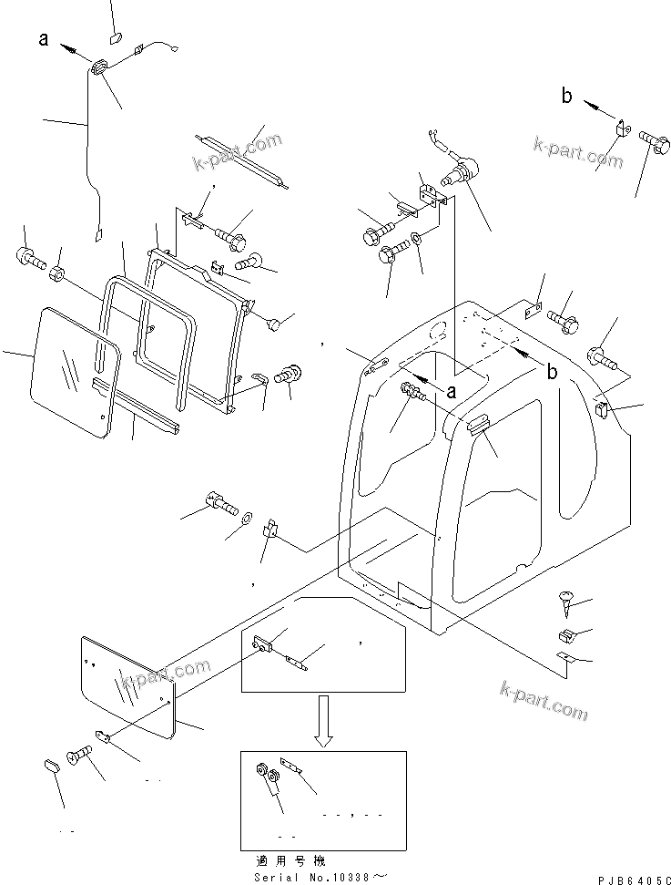 Komatsu parts book diagram for PC350-6 S/N 10001-UP: OPERATOR'S CAB (FRONT WINDOW)(#10001-11999)