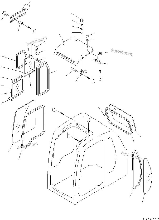 Komatsu parts book diagram for PC350-6 S/N 10001-UP: OPERATOR'S CAB (WINDOW AND ROOF VENTILATOR) (WITH SEE THROUGH    ROOF)(#12001-)